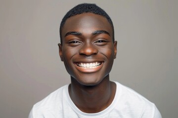 Obraz premium Happy African American entrepreneur with white teeth in white shirt.