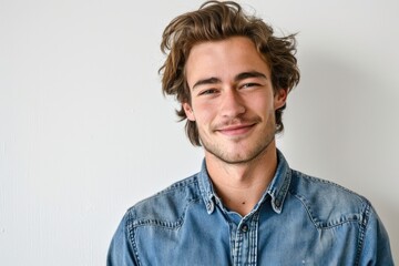 Fototapeta premium Portrait of young handsome man in jean shirt smiling looking at camera over white background.