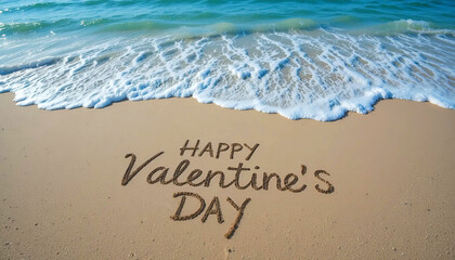 Fototapeta premium Happy Valentine's Day message handwritten on sand beach. valentine concept