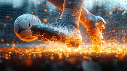 A close-up of a soccer boot striking a ball, with the ball mid-flight towards the goal, with a dynamic motion blur