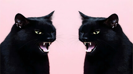 Two Black Cats Bare Their Teeth Aggressively on a Pink Background