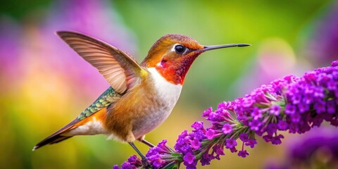Fototapeta premium Rufous Hummingbird Butterfly Bush Flower Nectar Feeding Photography - Stunning Wildlife Images