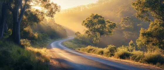 Obraz premium Sunrise road winding through misty forest. Travel background