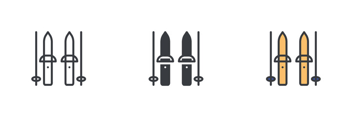 Ski and sticks different style icon set