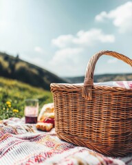 A picnic basket on a blanket in a sunny meadow, with a glass of juice and a scenic background of hills and blue sky.