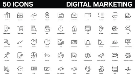 Digital marketing set of web icons in line style.