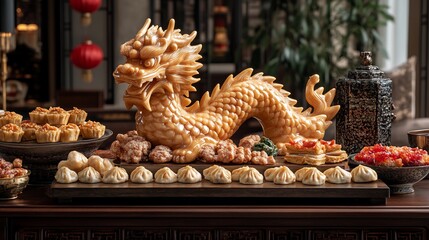 Fototapeta premium Golden dragon statue centerpiece with assorted Chinese pastries and dishes.