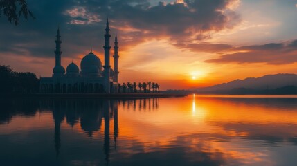 Fototapeta premium Majestic Mosque at Sunset Reflected in Calm Lake Waters