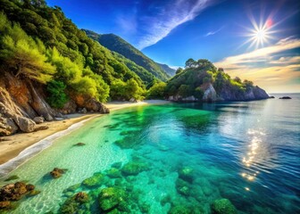 Secluded Beach Paradise: Turquoise Waters, Green Hills, Candid Photography