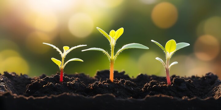Growing up of 3 developing seedling growth Planting on black soil in the morning light on nature bokeh background