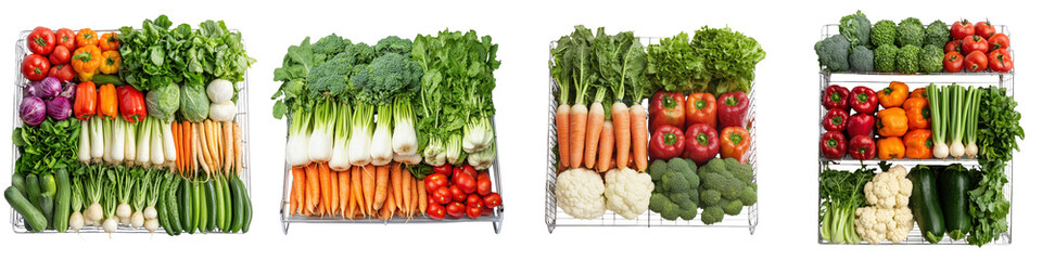 Colorful and varied selection of freshly harvested organic vegetables including carrots tomatoes peppers broccoli lettuce and other leafy greens