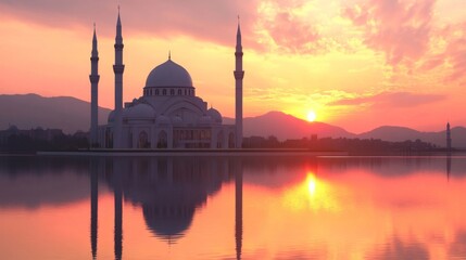Fototapeta premium Majestic Mosque Reflected in Calm Waters at Sunrise