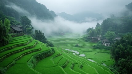 Misty mountain rice terraces, village, China, agriculture, travel