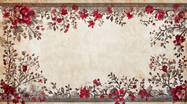 99.Elegant textile print showcasing a Mughal-inspired lace border with symmetrical floral patterns, detailed leafy vines, and intricate tree designs, perfect for neckline embellishments.