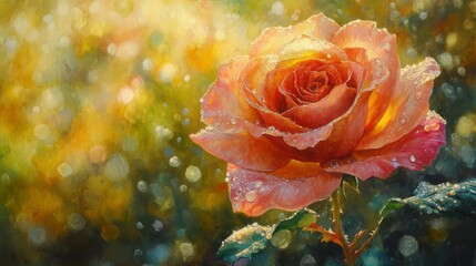 96.A vibrant Pastella rose surrounded by blurred foliage, with dewdrops glistening in the warm glow of sunrise, capturing the serenity of a tranquil garden.