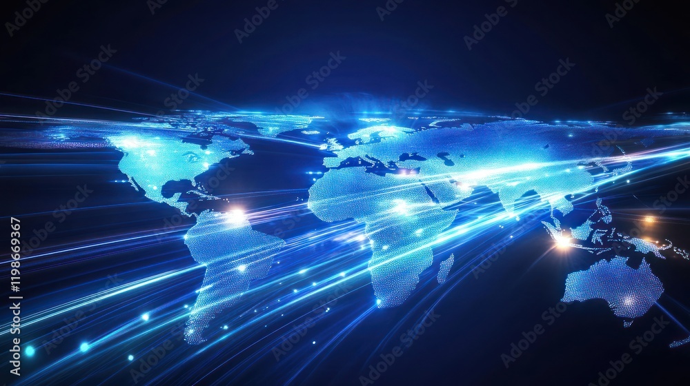 Poster digital global map with binary light trails for branding visuals.