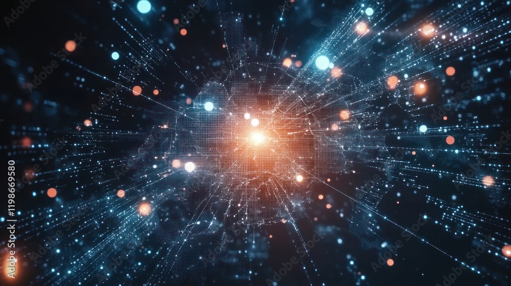Poster digital network world map with binary visuals.