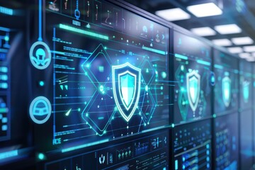 Futuristic control room with glowing AI panels and cybersecurity features