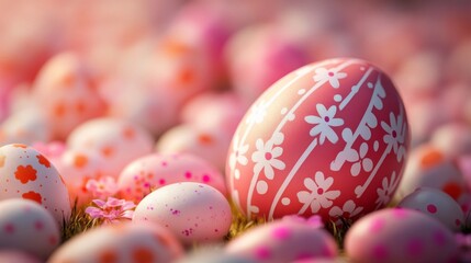 Fototapeta premium Close-up of Pink and White Easter Eggs with Floral Pattern in Grass