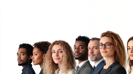 Diverse business team collaborating on a project on solid white background