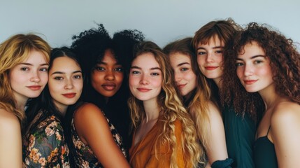 Obraz premium Diverse group of women celebrating friendship on solid white background