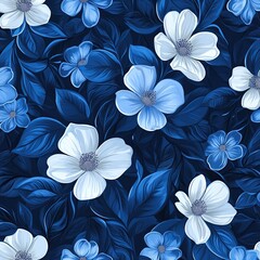 Serene Blue and White Flowers Bloom Beautifully in Lush Foliage: A Captivating Floral Design, Seamless Pattern in Navy