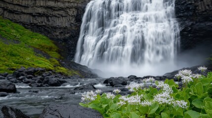Fototapeta premium A stunning waterfall cascades over rocky cliffs, surrounded by vibrant greenery and delicate white flowers in a serene natural setting.