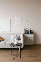 Minimalistic modern living room with white wall and couch with blue pillow. lack table with candle on it and vase with branch in it