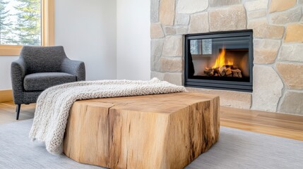 Cozy Modern Living Room with Stone Fireplace and Wooden Table