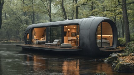 Modern capsule home floats on tranquil forest river