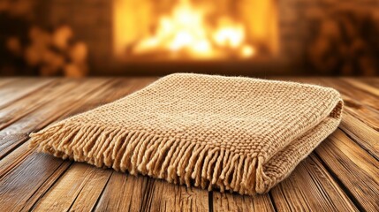 Cozy Wool Blanket Draped on Wooden Table Near Warm Fireplace