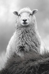 Fototapeta premium Fluffy white sheep, gazing, atop grass.