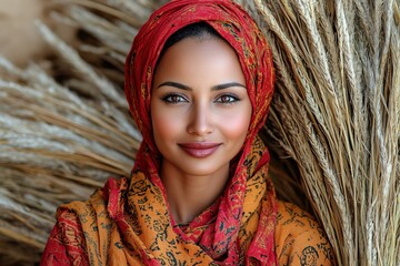 A woman in a colorful scarf poses against a backdrop of dried plants, showcasing beauty and culture.