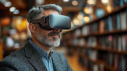Man using VR headset in library, bookshelves blurred