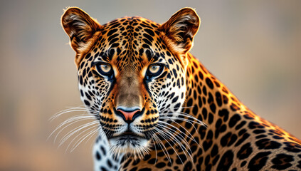 Obraz premium Majestic leopard portrait on Savanna with a blurred background. Powerful wildlife photography.