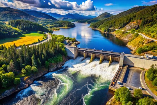 Panoramic Aerial View of Vamma Power Dam on the Glomma River, Norway