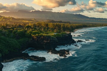 Iconic landmarks at sunset with crashing waves and lush greenery