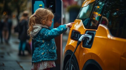 A child interacts with an electric vehicle charging station. Curious about technology, she points at the charger. This moment captures innovation and future lessons. Generative AI