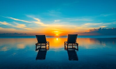 Sunset oceanfront lounge chairs, calm water reflection, romantic getaway