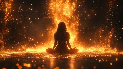 Obraz premium Woman meditates amidst fiery inferno, sparks falling