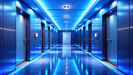 Fototapeta premium Stunning Night Photography: Bright Blue Hallway, Modern Lighting, Doors