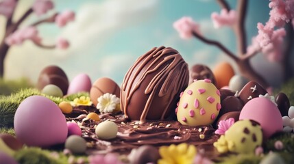 Obraz premium Assortment of Chocolate Easter Eggs and Sweets Nestled in Mossy Spring Setting