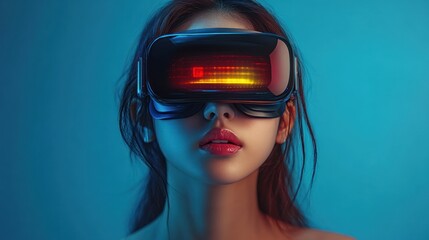 Woman uses VR headset, neon background, futuristic tech