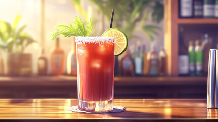 A Bloody Mary cocktail with tomato juice, celery, lime wedge, and a spicy rim, served with a salted rim and garnished with fresh herbs and a lime twist in a trendy bar.