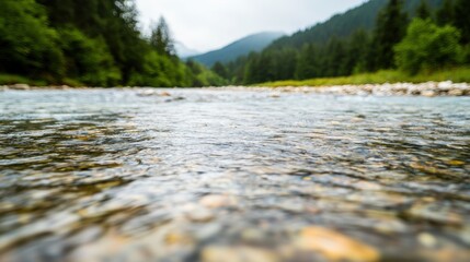 A serene river flows through lush greenery, with distant mountains and a cloudy sky, creating a tranquil natural landscape.