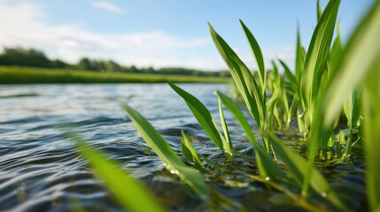 Fototapeta premium Lush green grass grows beside a gently flowing stream under a clear blue sky, creating a serene natural landscape.