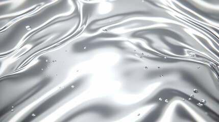 Silver Liquid Surface Ripples with Droplets Smoothly and Elegantly with Reflective Highlights.