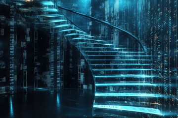 Fototapeta premium Dynamic AI-inspired staircase featuring glowing data panels in a modern space
