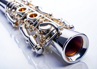 Fototapeta premium Panoramic Photo: Sleek Clarinet Resting on Pristine White Background