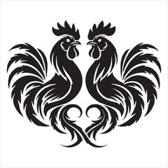 Silhouette design of two love roosters